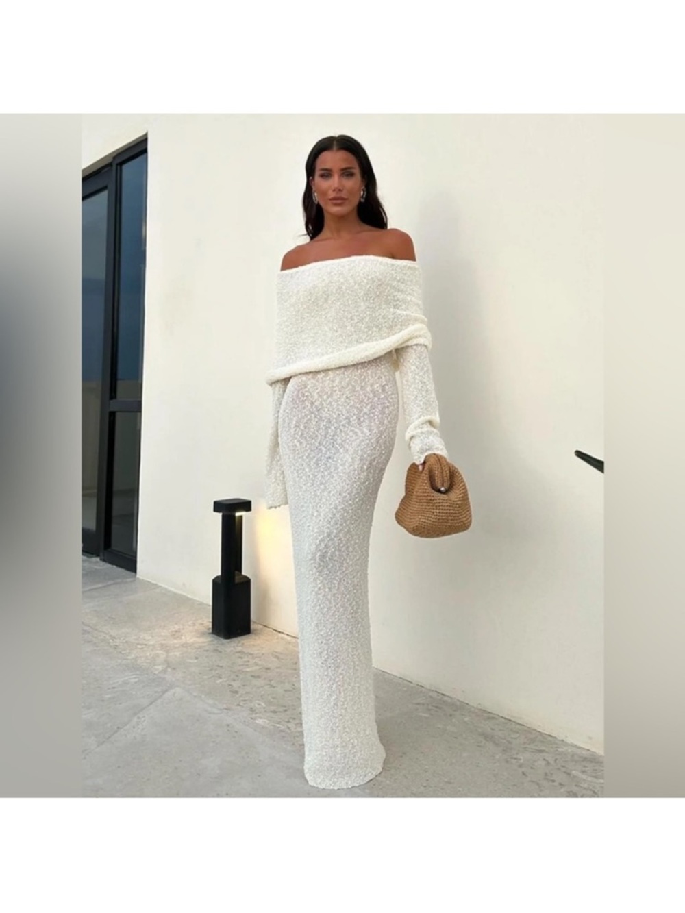 H&M Ivory Knit Off The Shoulder Maxi Dress